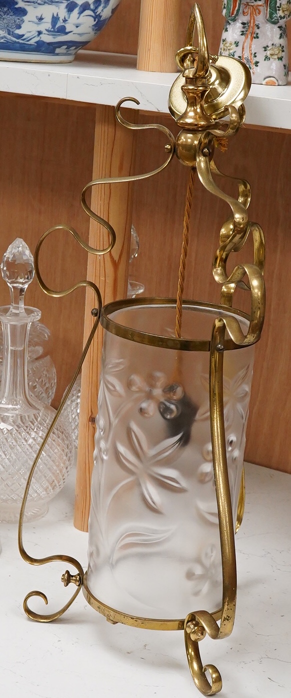 An Art Nouveau frosted glass and a brass hanging lamp, 54cm